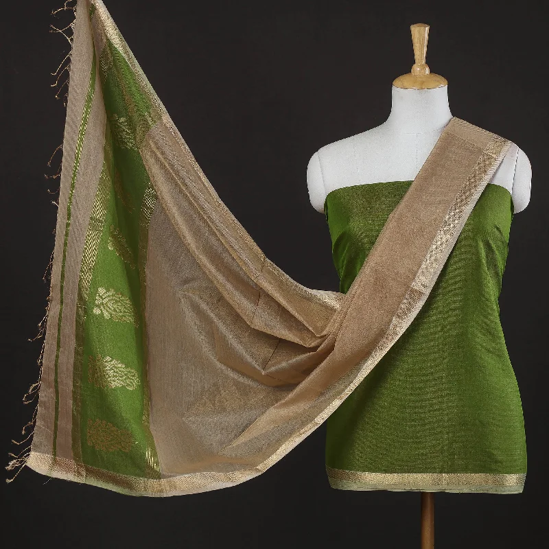 Green - 2pc Maheshwari Silk Cotton Zari Work Handloom Suit Material Set