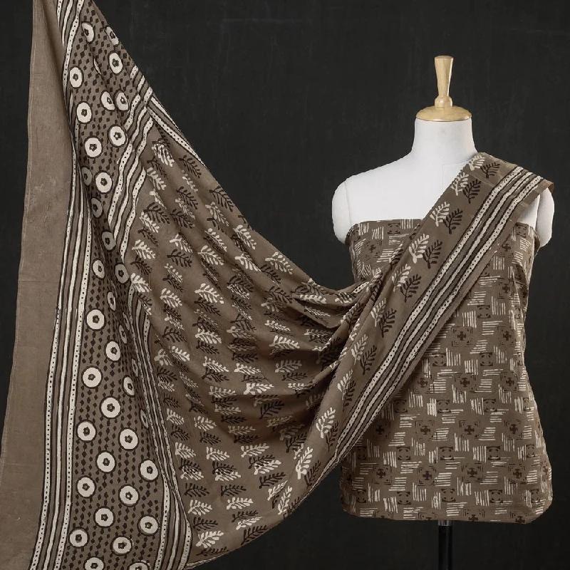 Brown - 3pc Cotton Block Printed Pipad Dress Material Set