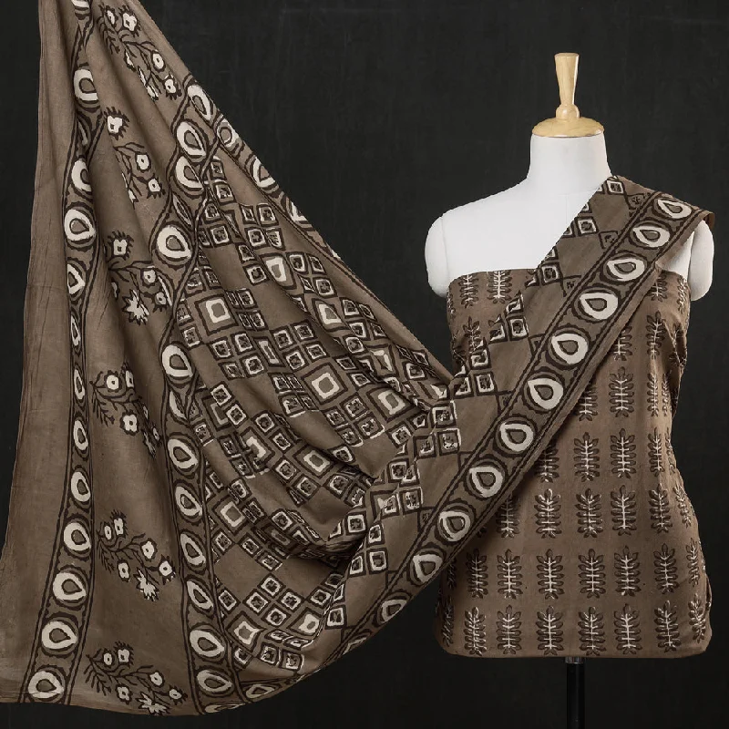 Brown - 3pc Cotton Block Printed Pipad Dress Material Set