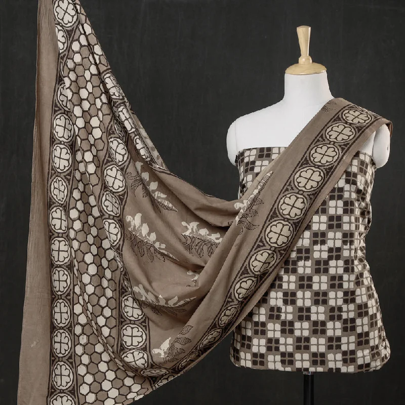 Brown - 3pc Cotton Block Printed Pipad Dress Material Set