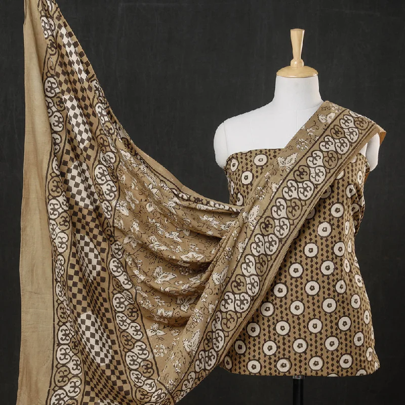 Brown - 3pc Cotton Block Printed Pipad Dress Material Set