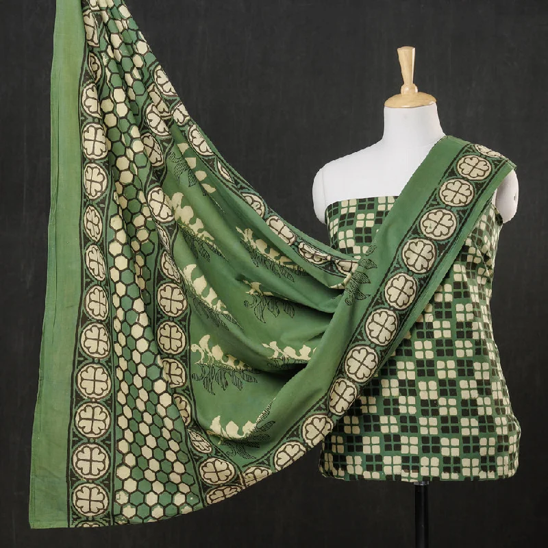 Green - 3pc Cotton Block Printed Pipad Dress Material Set