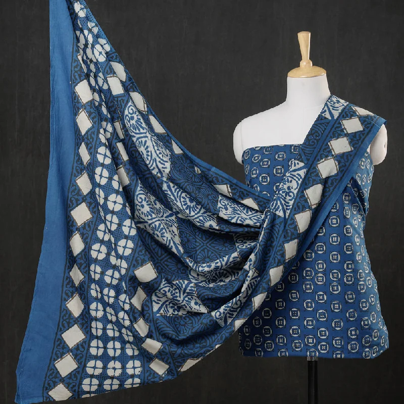 Blue - 3pc Cotton Block Printed Pipad Dress Material Set