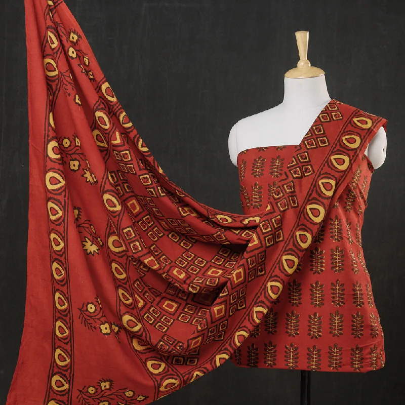 Red - 3pc Cotton Block Printed Pipad Dress Material Set