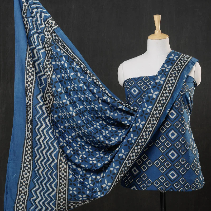 Blue - 3pc Cotton Block Printed Pipad Dress Material Set