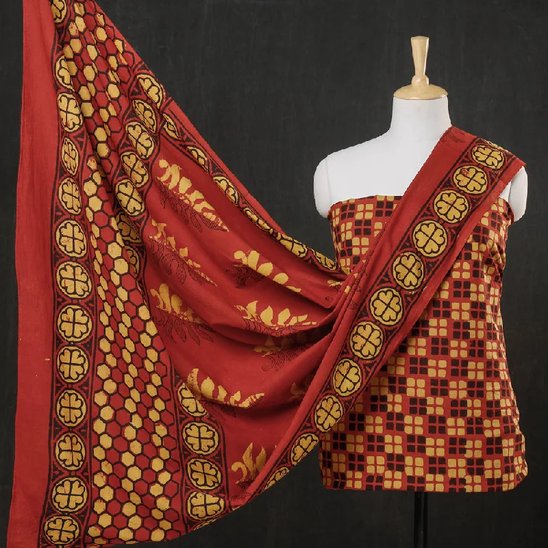 Red - 3pc Cotton Block Printed Pipad Dress Material Set