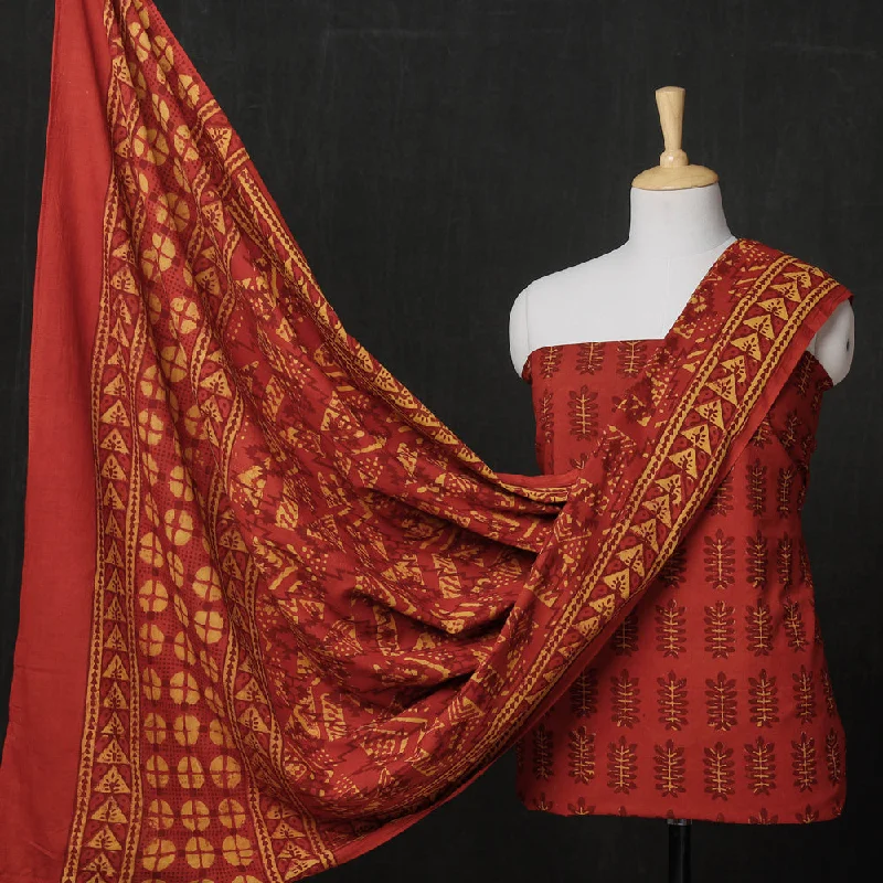 Red - 3pc Cotton Block Printed Pipad Dress Material Set