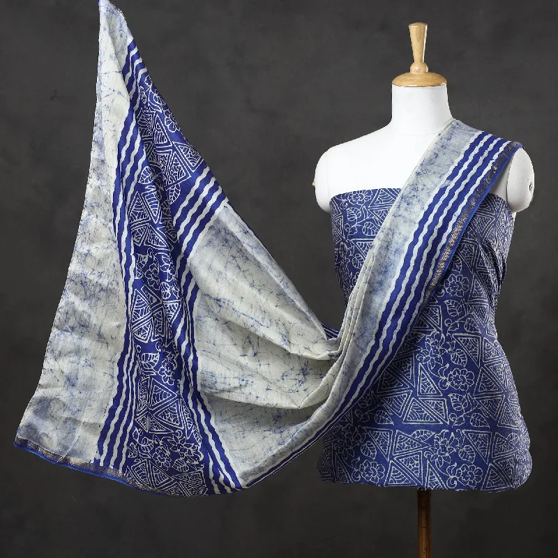 Blue - 2pc Hand Batik Printed Maheshwari Silk Suit Material Set