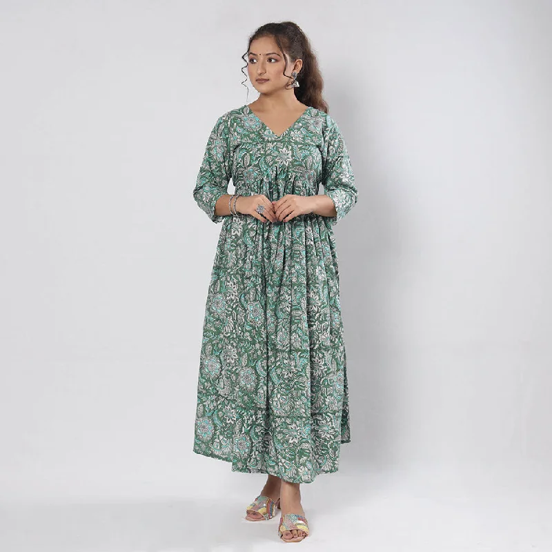 Green - Sanganeri Block Printed Cotton Flared Gher Dress