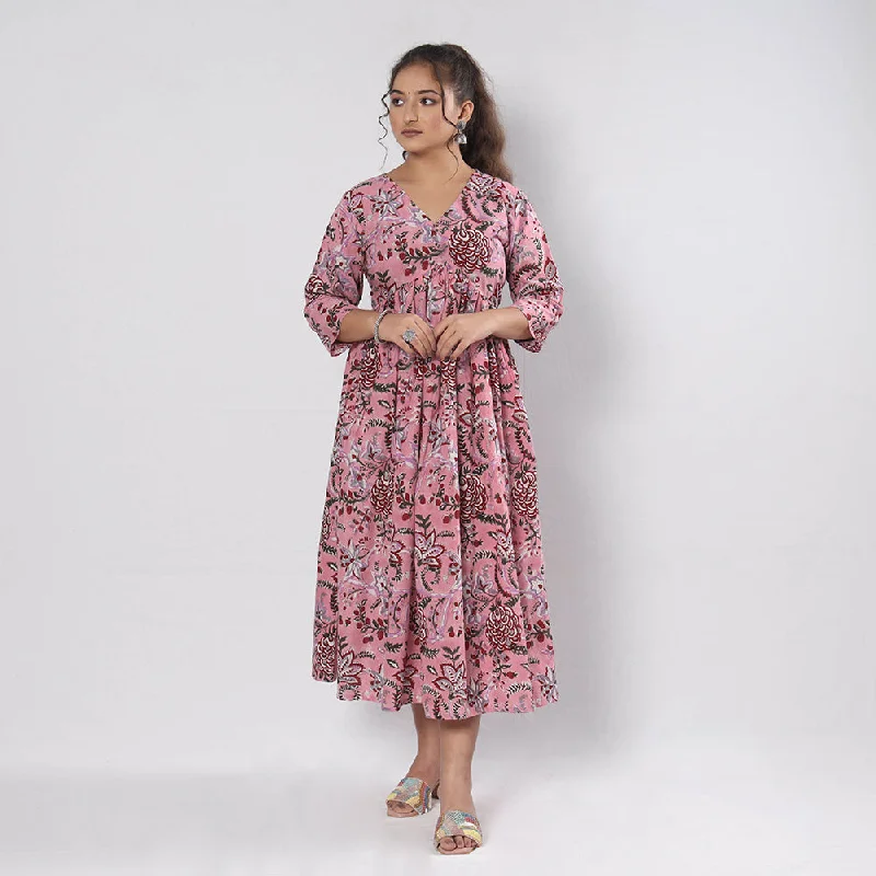 Pink - Sanganeri Block Printed Cotton Flared Gher Dress