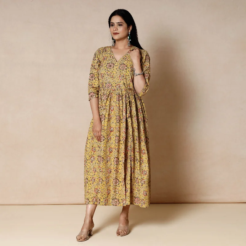 Yellow - Kalamkari Block Printed Cotton Flared Dress