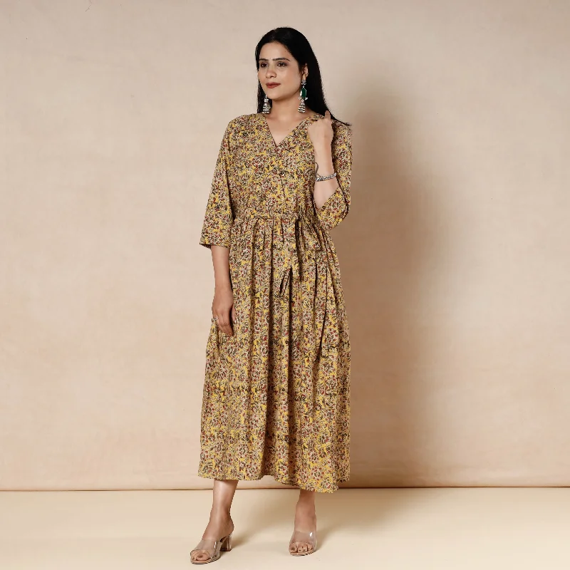 Yellow - Kalamkari Block Printed Cotton Flared Dress