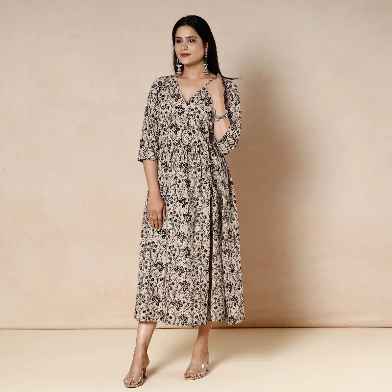 Beige - Kalamkari Block Printed Cotton Flared Dress