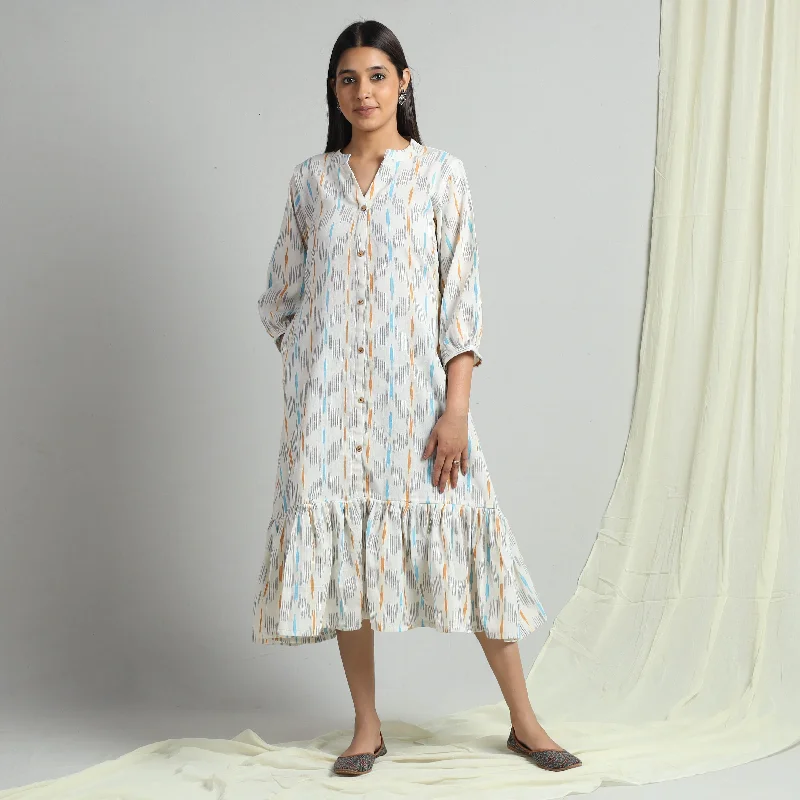 White - Pochampally Ikat Weave Flare Cotton Dress