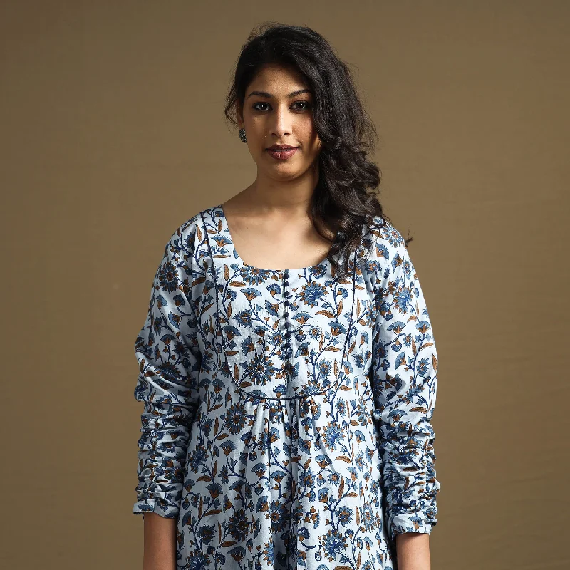 Blue - Sanganeri Block Printed Cotton Flared Dress