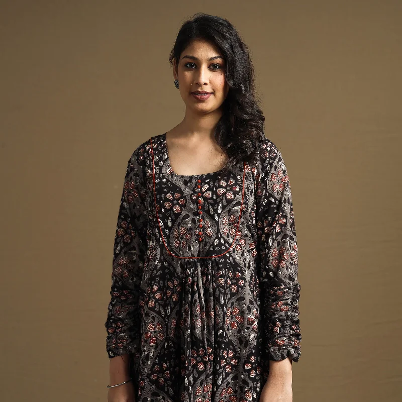 Black - Sanganeri Block Printed Cotton Flared Dress