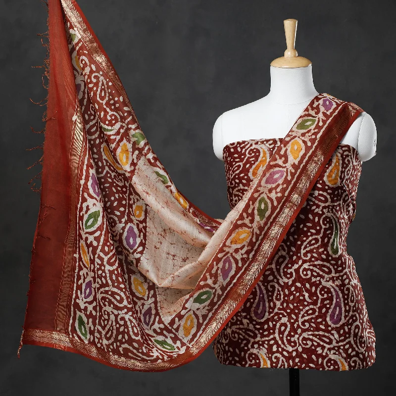 Brown - 2pc Hand Batik Printed Maheshwari Silk Handloom Suit Material Set