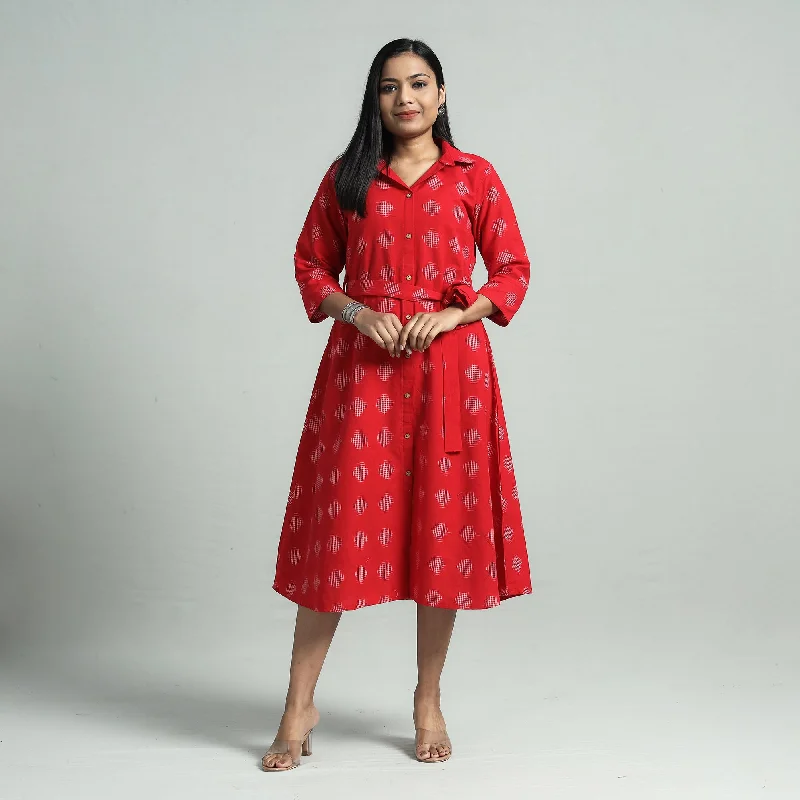 Red - Pochampally Double Ikat Cotton Flared Dress with Belt