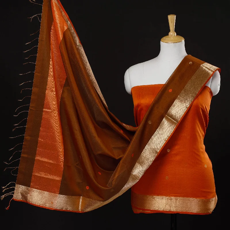 Orange - 2pc Maheshwari Silk Cotton Zari & Thread Work Handloom Suit Material Set