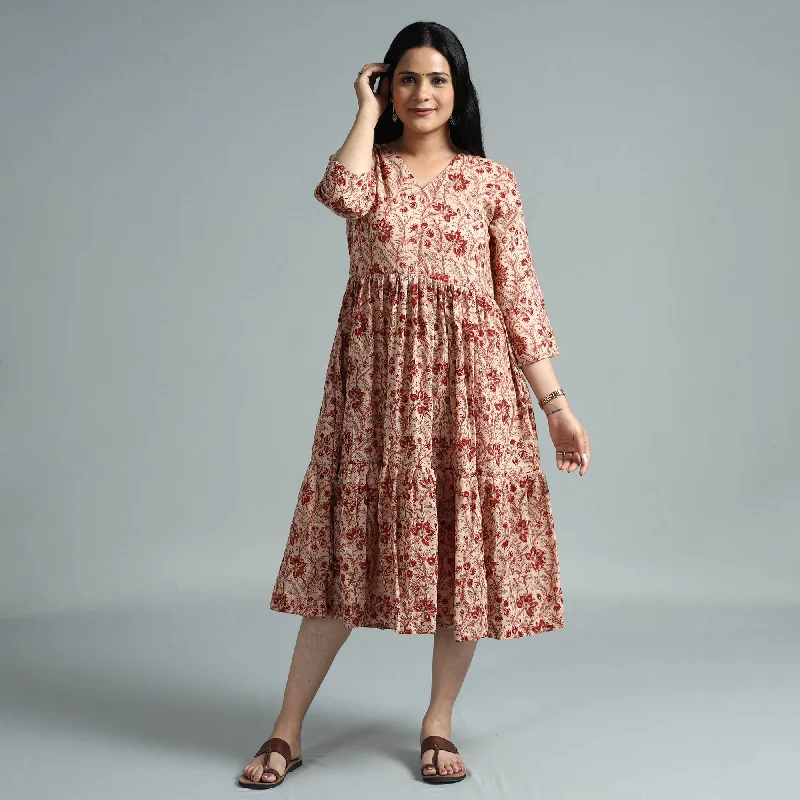 Peach - Kalamkari Block Printed Cotton Flared Gher Dress