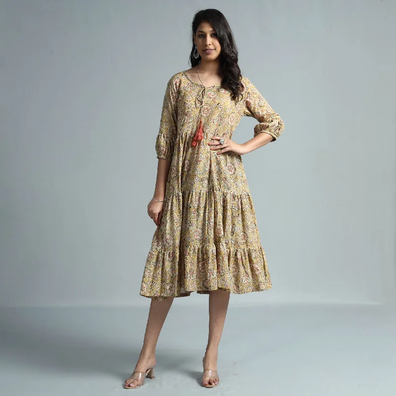 Beige - Kalamkari Block Printed Mul Cotton Flared Gher Dress