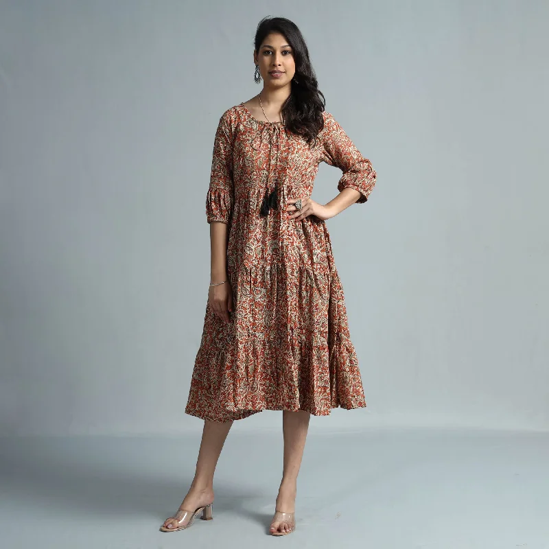 Orange - Kalamkari Block Printed Cotton Flared Gher Dress