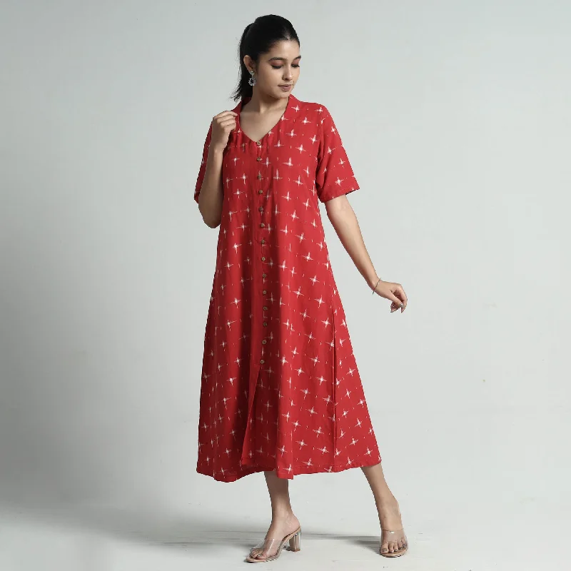 Red - Pochampally Double Ikat Weave Cotton Dress