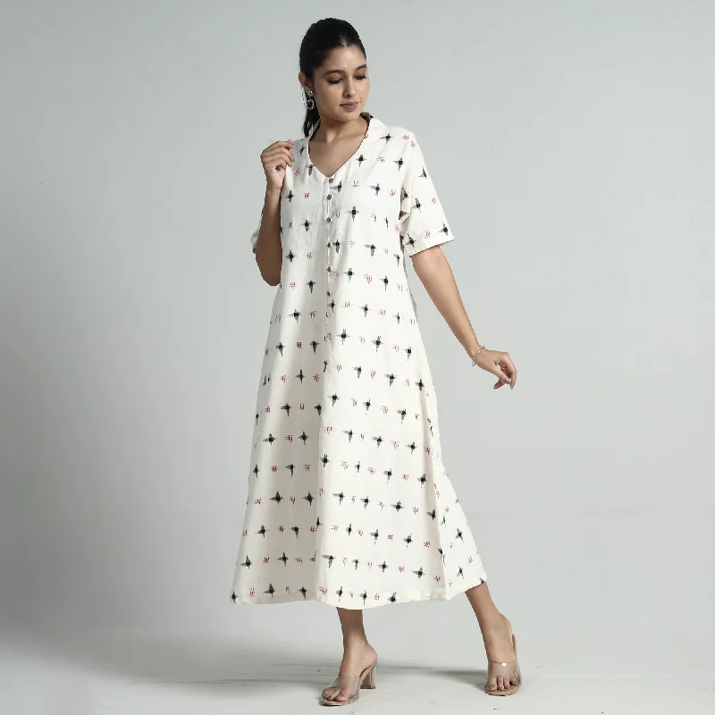 White - Pochampally Double Ikat Weave Cotton Dress