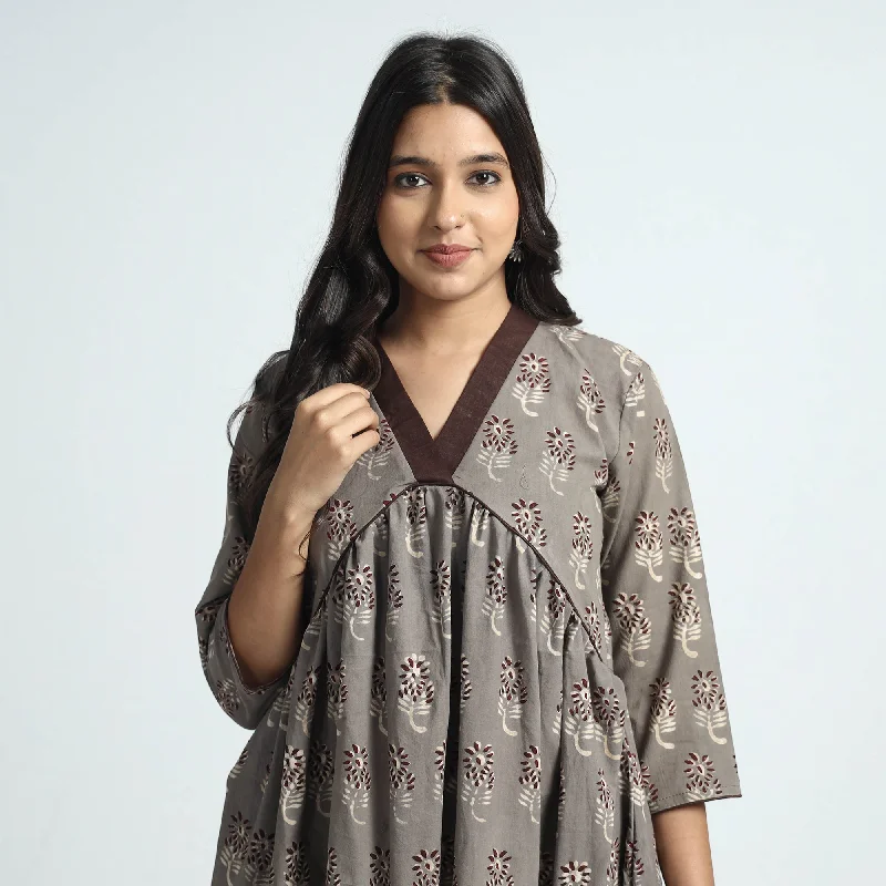 Light Brown - Nandana Hand Block Printed Cotton Dress