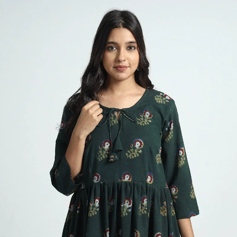 Dark Green - Nandana Hand Block Printed Cotton Dress