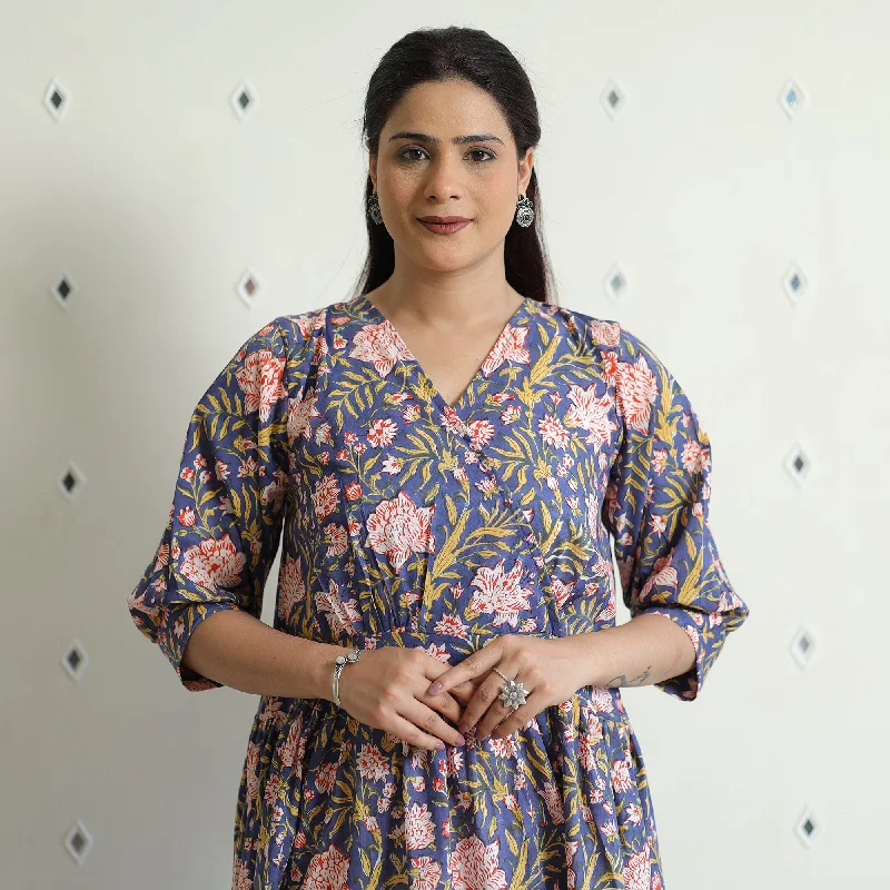 Blue - Sanganeri Block Printed Cotton Angrakha Flared Dress