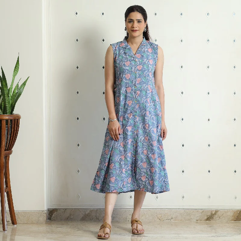 Light Blue - Sanganeri Block Printed Cotton Collared Neck Buttoned Down Dress