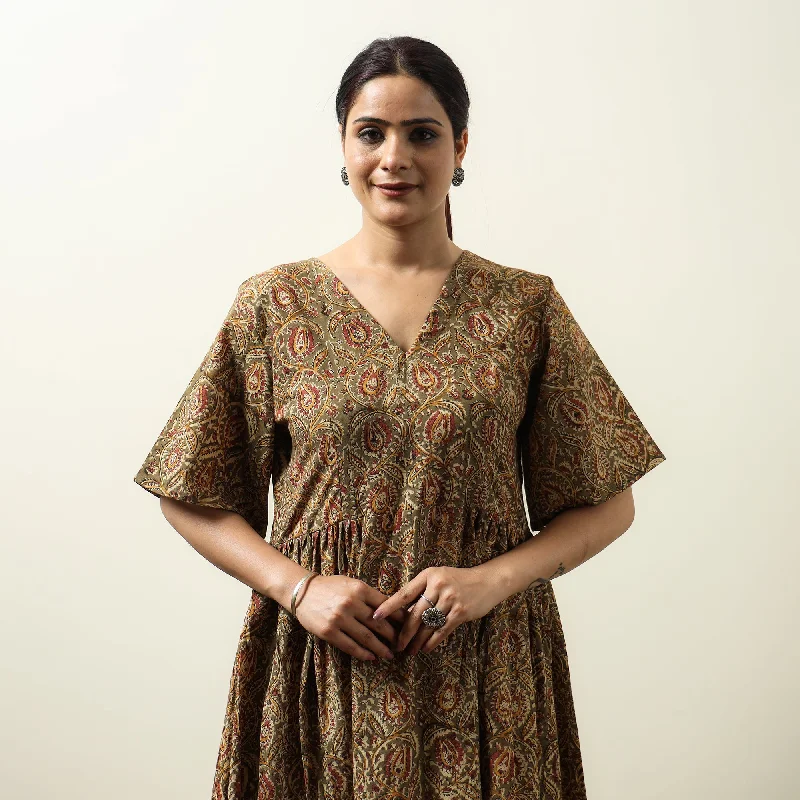 Brown - Kalamkari Block Printed Cotton Flared Gher Dress 01