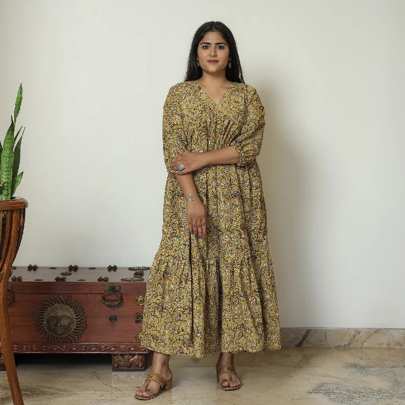 Yellow - Pedana Kalamkari Block Printed Cotton Flared Gher Dress 09