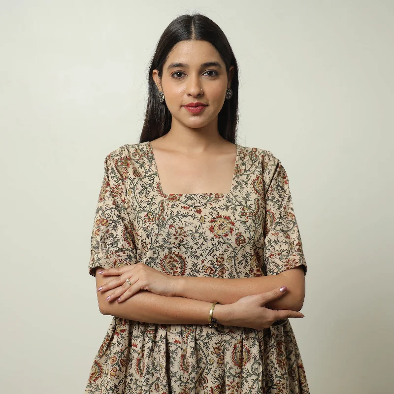 Beige - Pedana Kalamkari Block Printed Cotton Tiered Dress 04