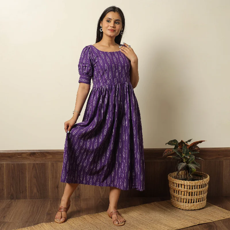 Purple - Pochampally Ikat Weave Cotton Flared Dress 13