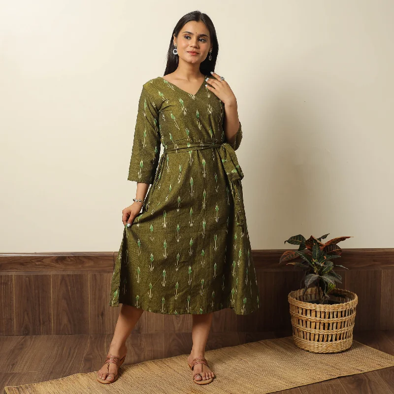 Green - Pochampally Ikat Weave Cotton Dress with Belt 23