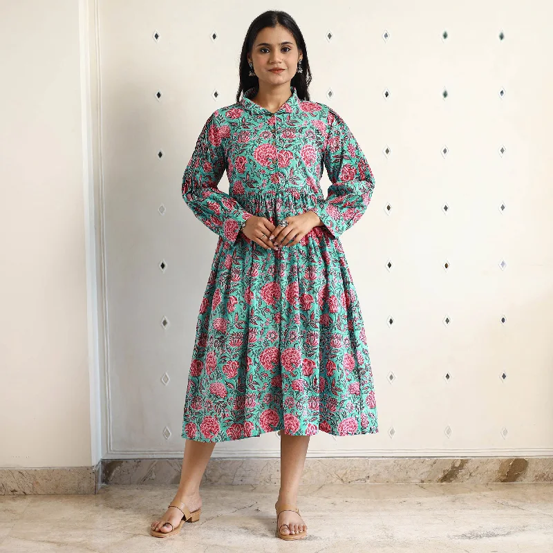 Green - Sanganeri Block Printed Cotton Flared Dress 01