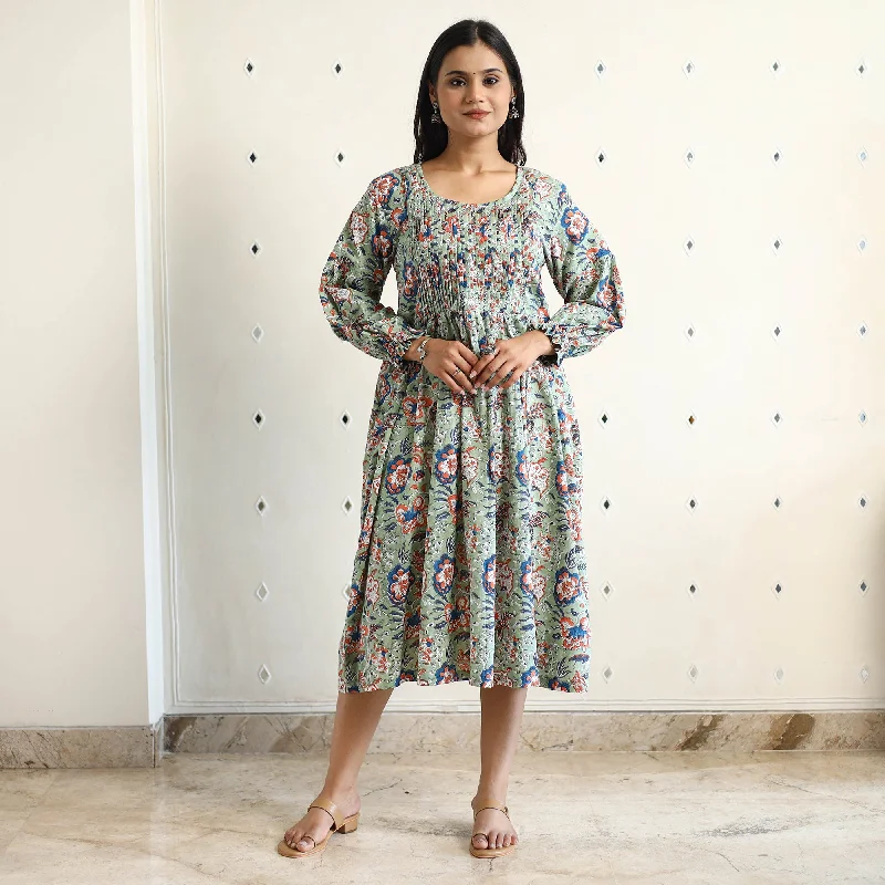 Green - Sanganeri Block Printed Cotton Pintuck Flared Dress 13