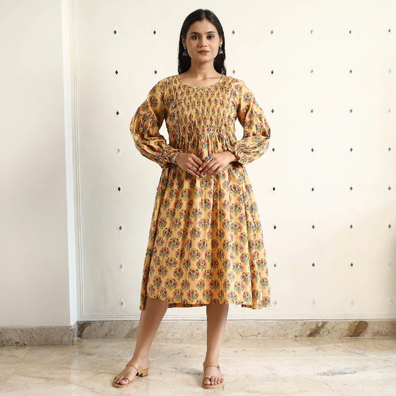 Yellow - Sanganeri Block Printed Cotton Pintuck Flared Dress 15