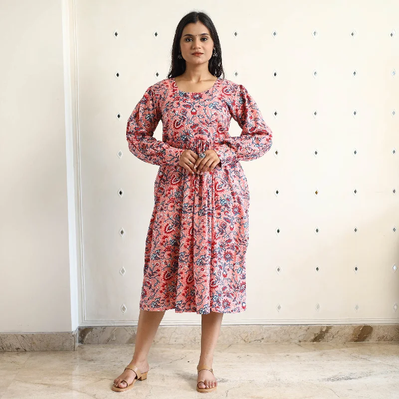 Pink - Sanganeri Block Printed Cotton Flared Dress 07