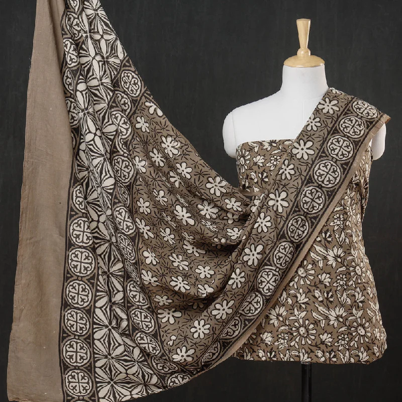 Brown - 3pc Cotton Block Printed Pipad Dress Material Set