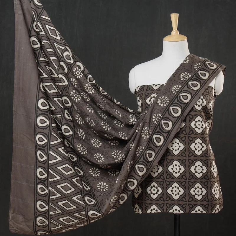 Brown - 3pc Cotton Block Printed Pipad Dress Material Set