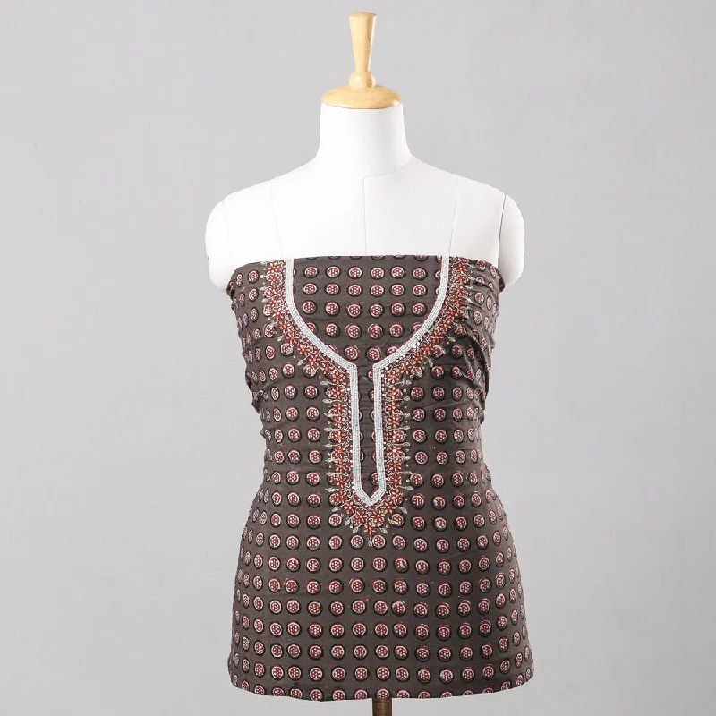 Brown - Bead Work 3pc Cotton Block Printed Pipad Dress Material Set