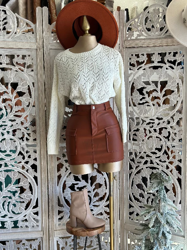 Brown Faux Leather Skirt with Pockets