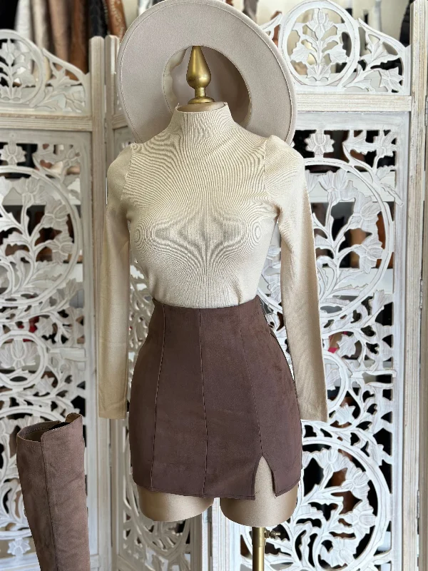 Brown Slit Suede Mini Skirt