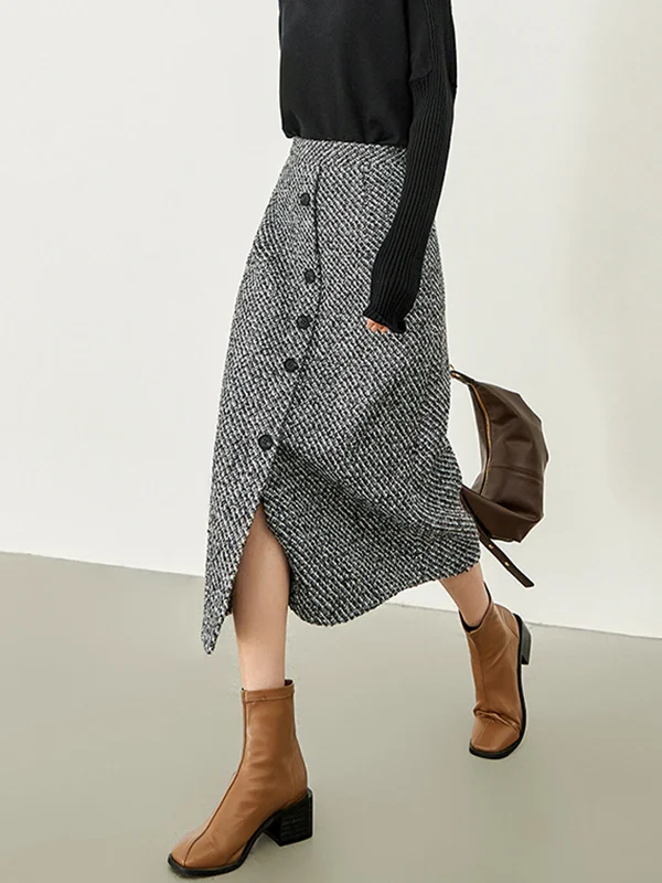 BerryBetty - Button Down Tweed Boucle Maxi Skirt