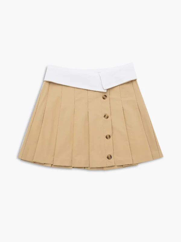 BerryBetty - Contrast Waistband Pleated Buttoned Mini Skirt