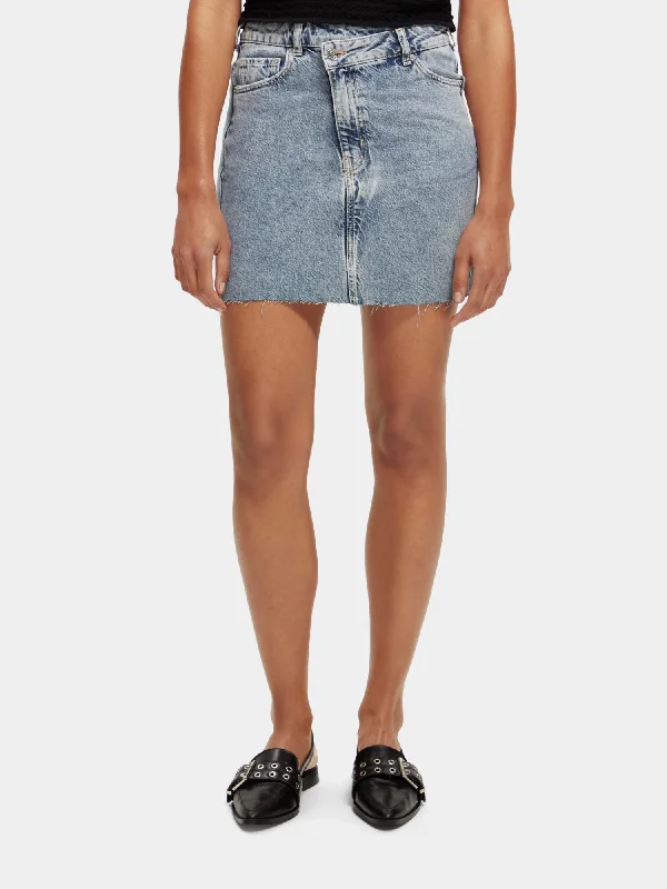 Cross over front washed denim mini skirt