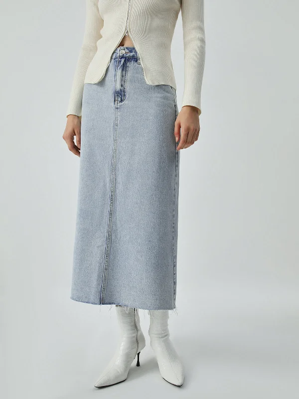 BerryBetty - Distressed Denim Raw Hem Maxi Skirt